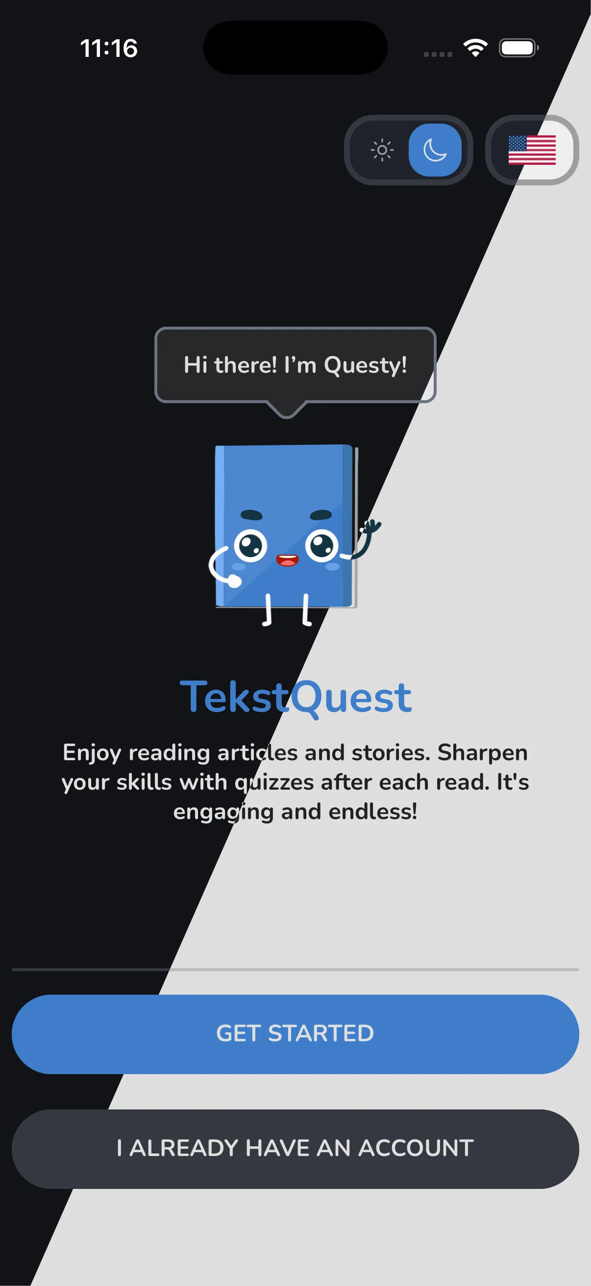 TekstQuest welcome screen showing dark and light modes