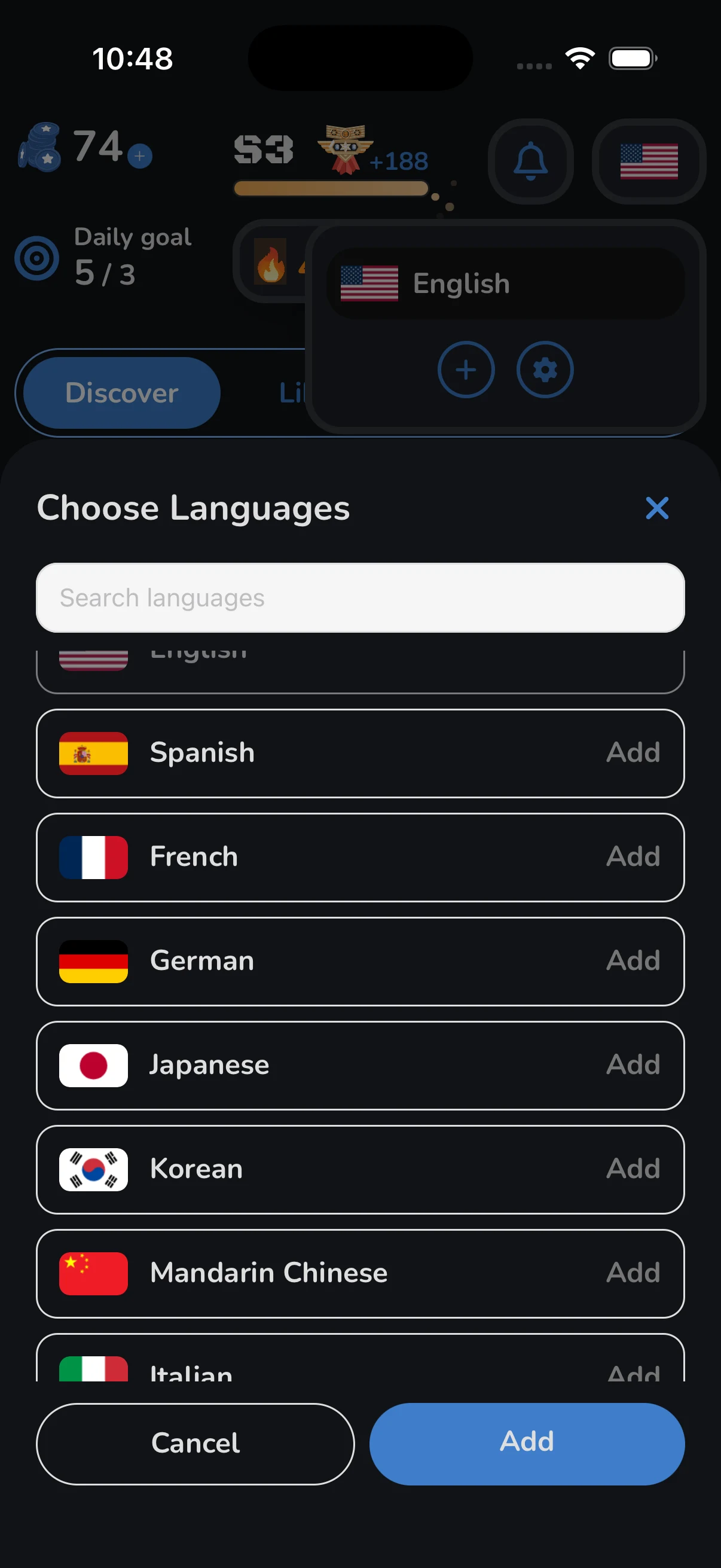 TekstQuest screen for adding reading languages