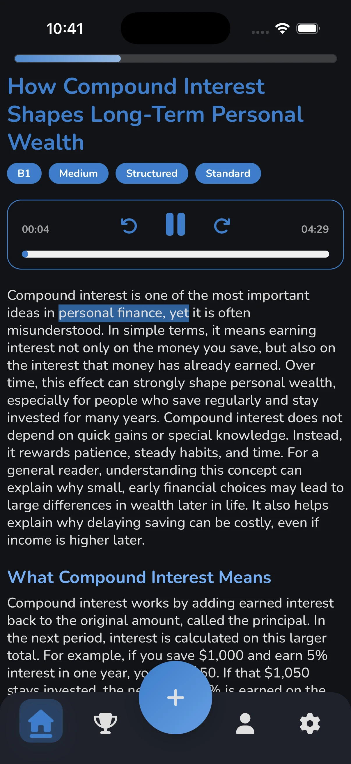 TekstQuest reading screen with generated content