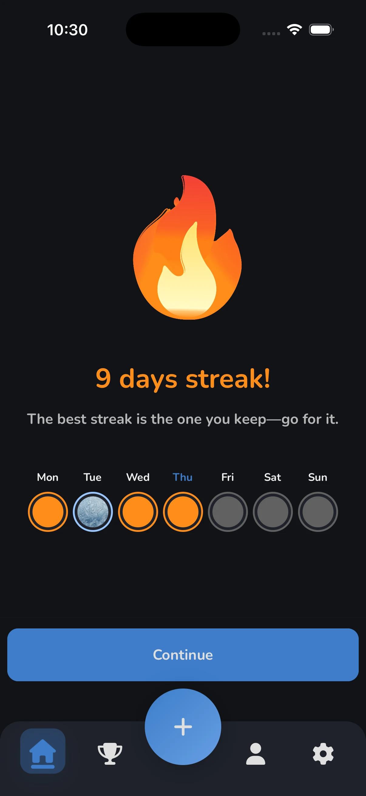 TekstQuest streak screen showing daily habit progress