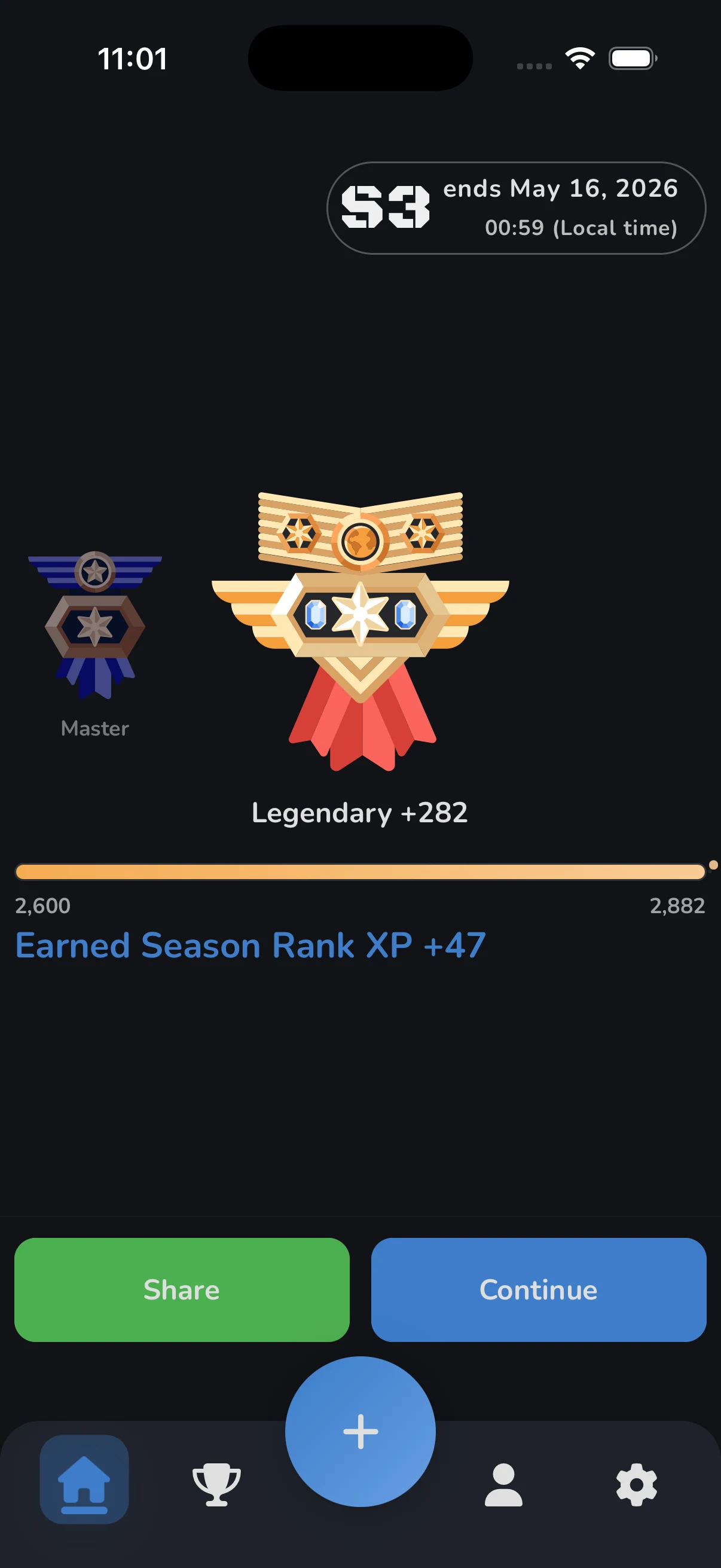 TekstQuest success screen with season progress